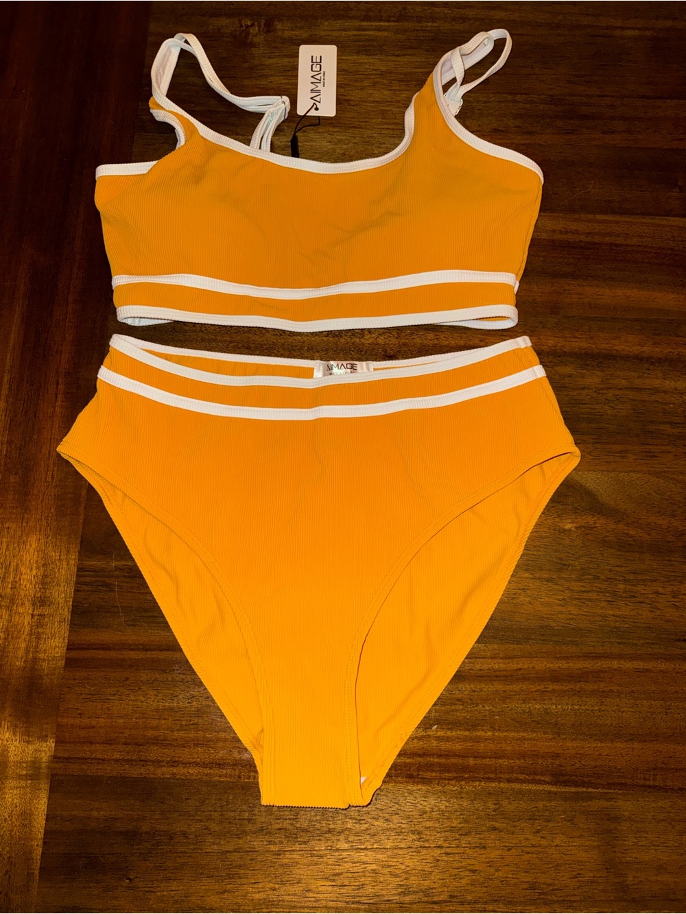 Women’s Orange high-waisted sporty Two-Piece bikini Set with White Trim sz L